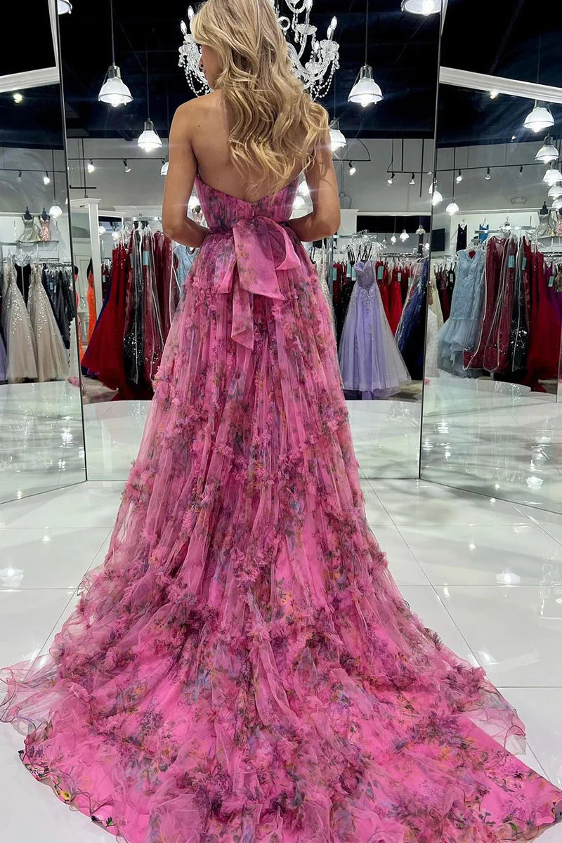 A-Line Strapless Floral Printed Chiffon Long Spring Prom Dresses