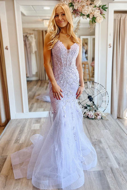 Charming Mermaid V Neck Lilac Lace Glitter Tulle Long Prom Dresses