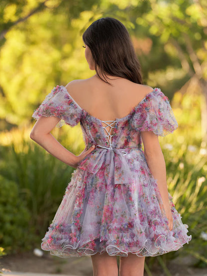 A Line Off the Shoulder Printed Tulle Short Homecoming Dress