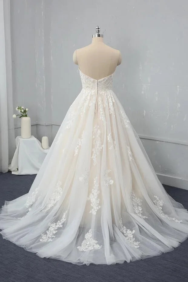 Sweetheart Backless Long Wedding Dress Tulle With Lace Appliques