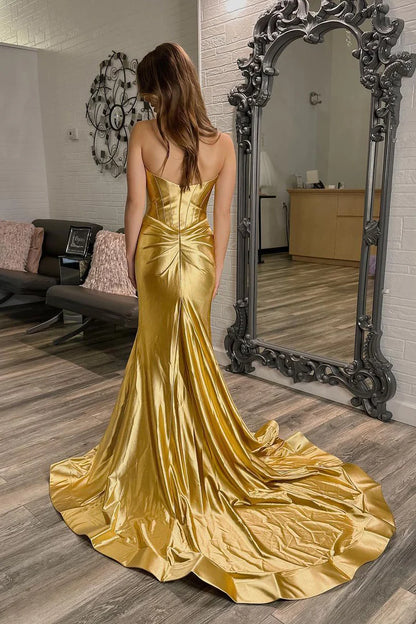 Gold Satin Sweetheart Mermaid Long Prom Dress with Slit