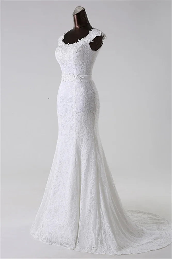 Elegant Jewel Long Lace Mermaid Wedding Gown With Appliques