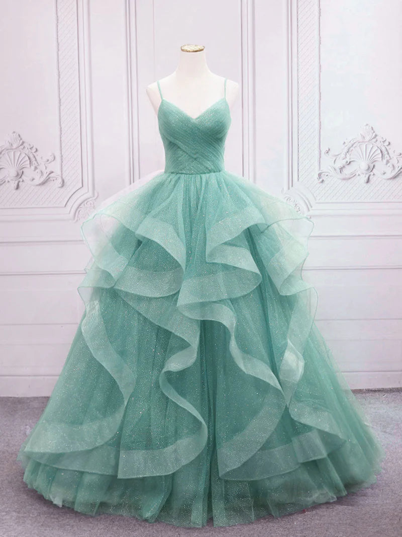 Sparkling Quinceanera Dress V Neck Tulle Long Prom Dress Green Sweet Dress