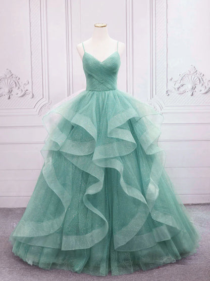 Sparkling Quinceanera Dress V Neck Tulle Long Prom Dress Green Sweet Dress