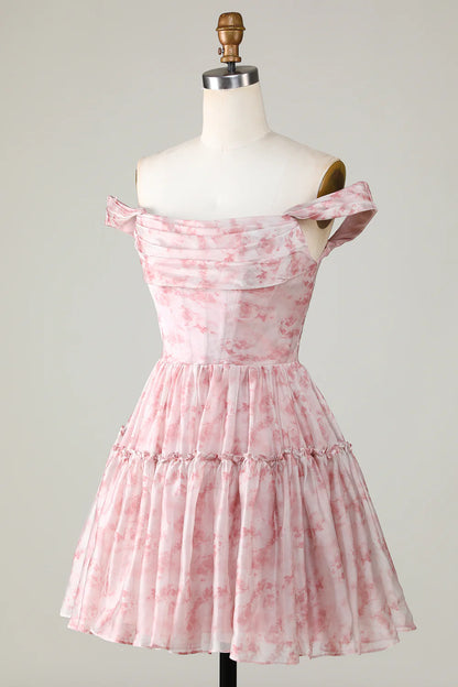 A Line Cute Blush Printed Homecoming Dress With Ruffles