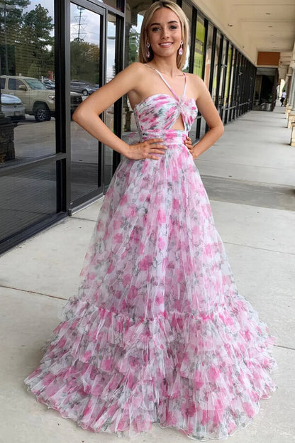 Pink Print Halter Keyhole A-Line Long Prom Dress