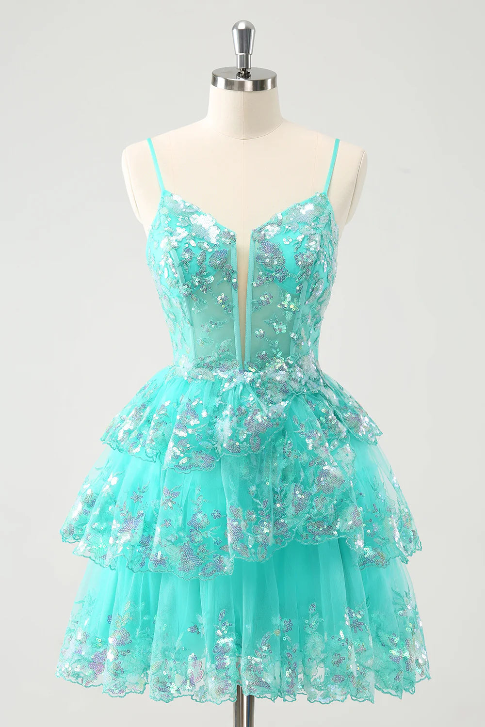 A-Line Sparkly Spaghetti Straps Tiered Homecoming Dress with Sequins