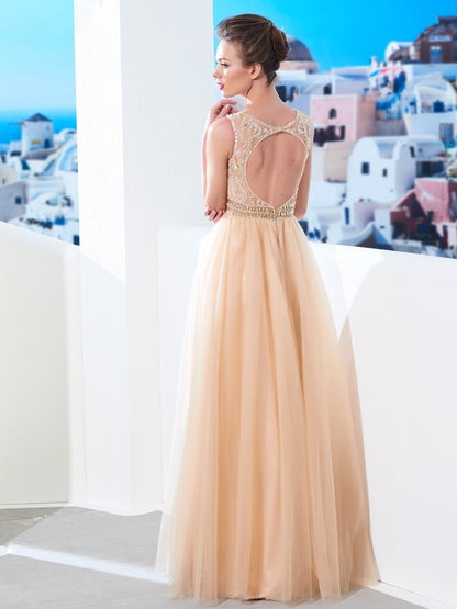 A-Line/Princess Scoop Sleeveless Floor-Length Beading Tulle Dresses