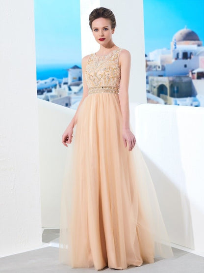 A-Line/Princess Scoop Sleeveless Floor-Length Beading Tulle Dresses