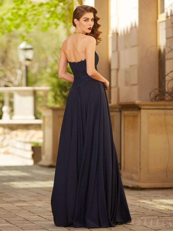 A-Line/Princess Sweetheart Sleeveless Floor-Length Applique Chiffon Dresses