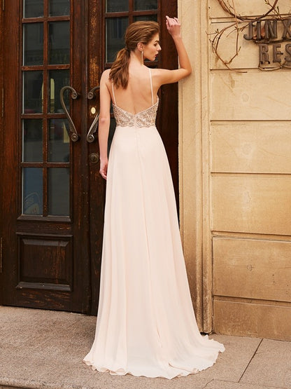 A-line/Princess Spaghetti Straps Sleeveless Beading Sweep/Brush Train Chiffon Dresses