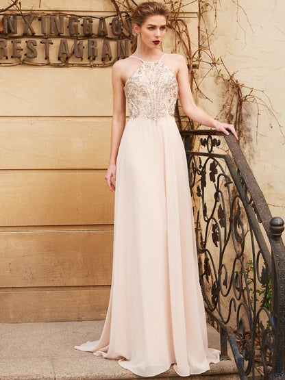 A-line/Princess Spaghetti Straps Sleeveless Beading Sweep/Brush Train Chiffon Dresses