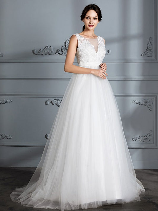 A-Line/Princess Sleeveless V-neck Sweep/Brush Train Tulle Wedding Dresses