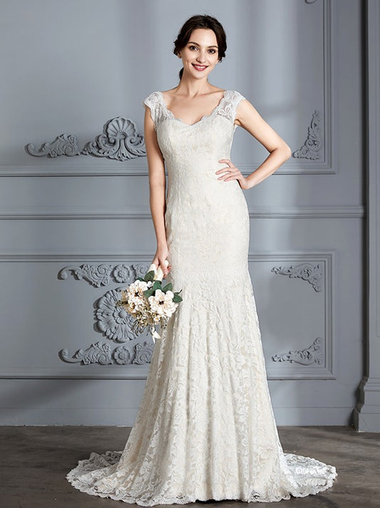 Trumpet/Mermaid Sleeveless V-Neck Lace Sweep/Brush Train Wedding Dresses