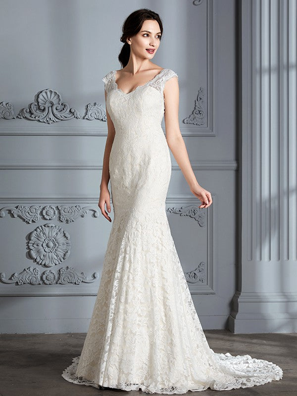 Trumpet/Mermaid Sleeveless V-Neck Lace Sweep/Brush Train Wedding Dresses