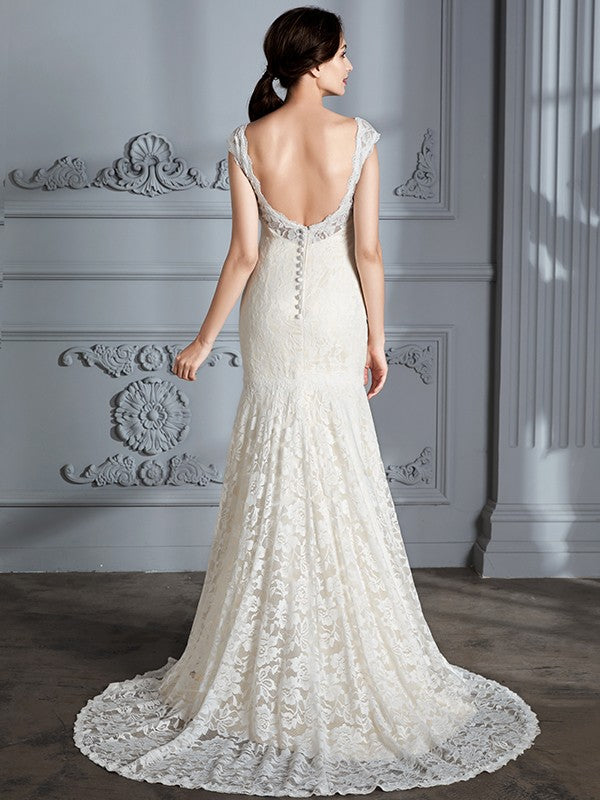 Trumpet/Mermaid Sleeveless V-Neck Lace Sweep/Brush Train Wedding Dresses