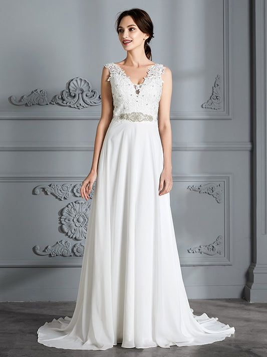 A-Line/Princess Sleeveless V-neck Sweep/Brush Train Chiffon Wedding Dresses