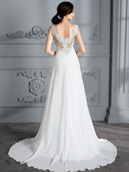 A-Line/Princess Sleeveless V-neck Sweep/Brush Train Chiffon Wedding Dresses