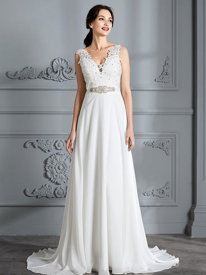 A-Line/Princess Sleeveless V-neck Sweep/Brush Train Chiffon Wedding Dresses