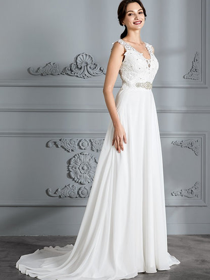 A-Line/Princess Sleeveless V-neck Sweep/Brush Train Chiffon Wedding Dresses