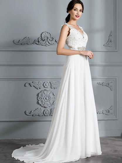 A-Line/Princess Sleeveless V-neck Sweep/Brush Train Chiffon Wedding Dresses