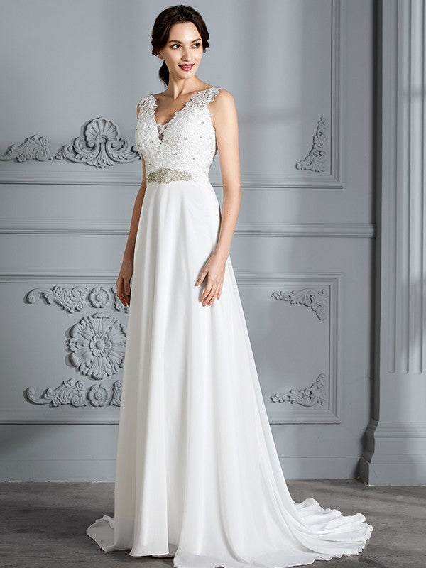 A-Line/Princess Sleeveless V-neck Sweep/Brush Train Chiffon Wedding Dresses