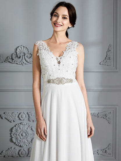 A-Line/Princess Sleeveless V-neck Sweep/Brush Train Chiffon Wedding Dresses