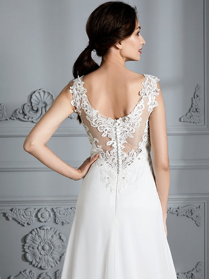 A-Line/Princess Sleeveless V-neck Sweep/Brush Train Chiffon Wedding Dresses