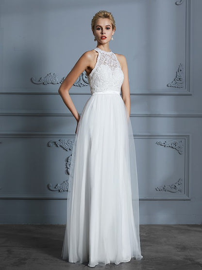 A-Line/Princess Scoop Sleeveless Tulle Floor-Length Wedding Dresses