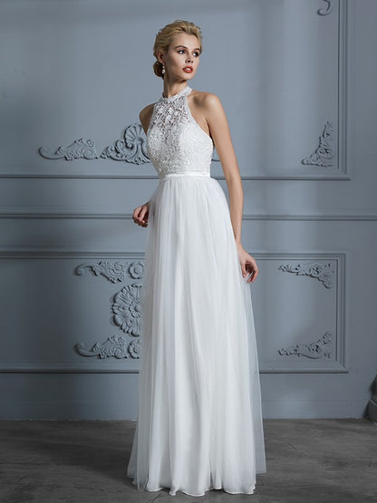 A-Line/Princess Scoop Sleeveless Tulle Floor-Length Wedding Dresses