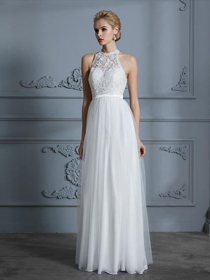 A-Line/Princess Scoop Sleeveless Tulle Floor-Length Wedding Dresses