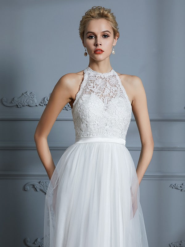 A-Line/Princess Scoop Sleeveless Tulle Floor-Length Wedding Dresses