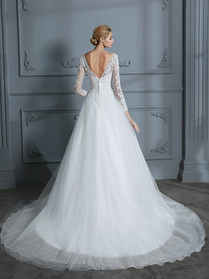 Ball Gown V-neck Long Sleeves Court Train Lace Tulle Wedding Dresses