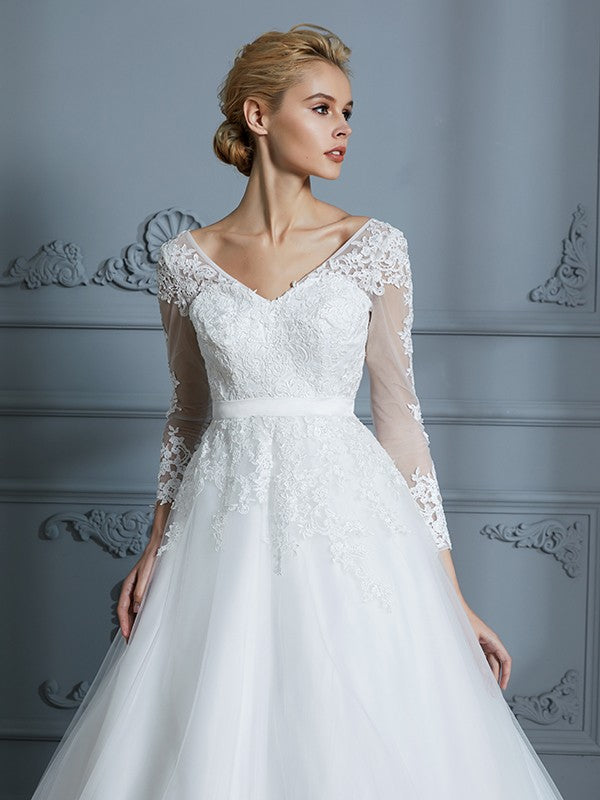 Ball Gown V-neck Long Sleeves Court Train Lace Tulle Wedding Dresses