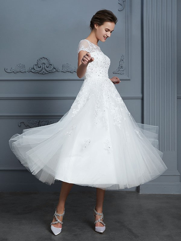 A-Line/Princess Scoop Short Sleeves Tea-Length Beading Tulle Wedding Dresses