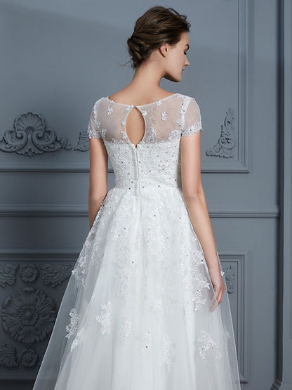 A-Line/Princess Scoop Short Sleeves Tea-Length Beading Tulle Wedding Dresses