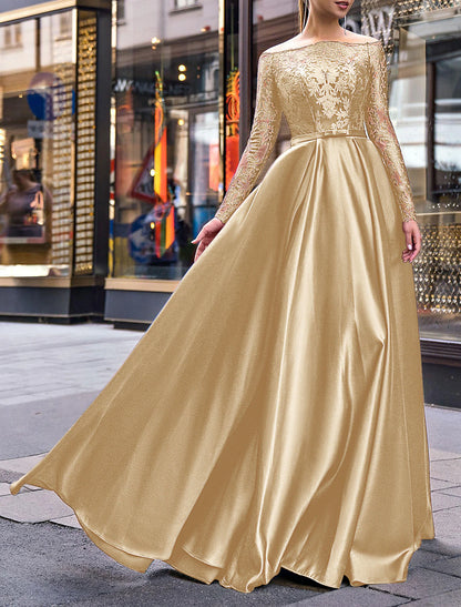 A-Line Evening Gown Wedding Guest Floor Length Long Sleeve Off Shoulder Belt / Sash Satin with Appliques