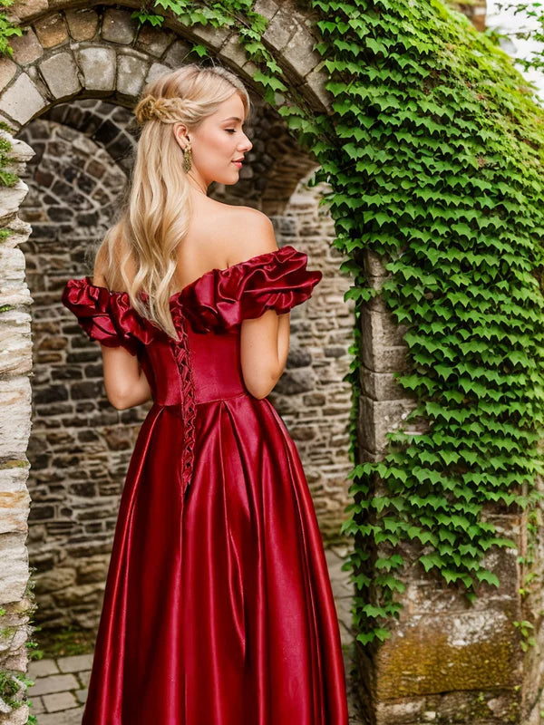 Sexy off-the-shoulder long princess style A-line satin prom dress with Ruffled sleeves