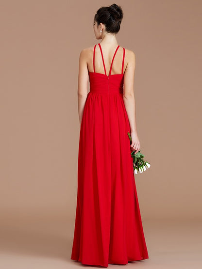 A-Line/Princess Halter Sleeveless Ruched Floor-Length Chiffon Bridesmaid Dresses