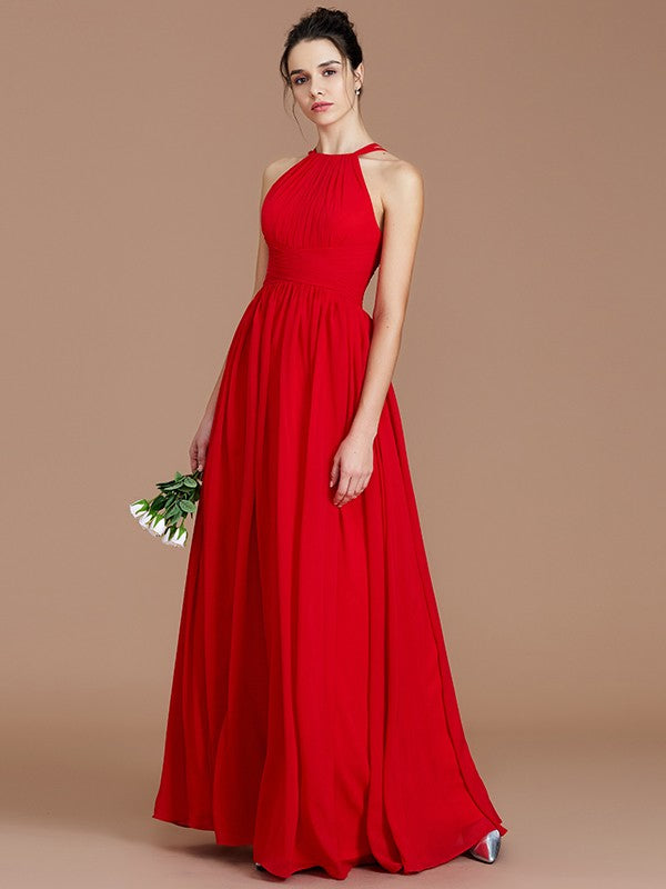 A-Line/Princess Halter Sleeveless Ruched Floor-Length Chiffon Bridesmaid Dresses