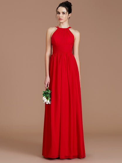 A-Line/Princess Halter Sleeveless Ruched Floor-Length Chiffon Bridesmaid Dresses