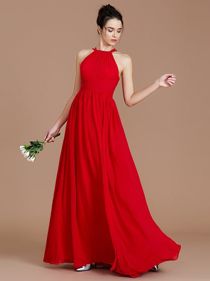 A-Line/Princess Halter Sleeveless Ruched Floor-Length Chiffon Bridesmaid Dresses