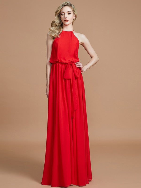 A-Line/Princess Halter Sleeveless Sash/Ribbon/Belt Floor-Length Chiffon Bridesmaid Dresses