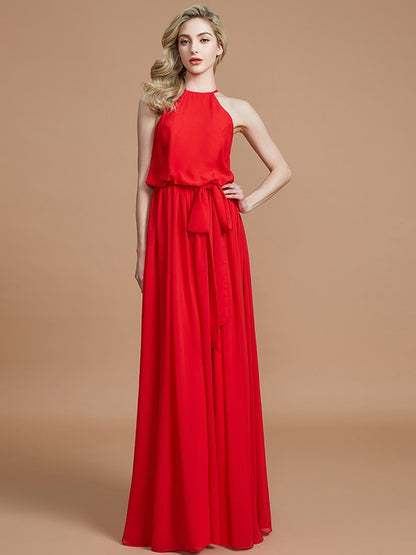 A-Line/Princess Halter Sleeveless Sash/Ribbon/Belt Floor-Length Chiffon Bridesmaid Dresses