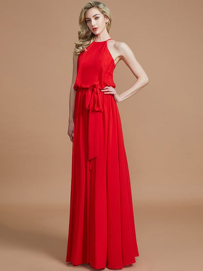 A-Line/Princess Halter Sleeveless Sash/Ribbon/Belt Floor-Length Chiffon Bridesmaid Dresses