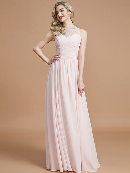 A-Line/Princess Bateau Sleeveless Ruched Floor-Length Chiffon Bridesmaid Dresses