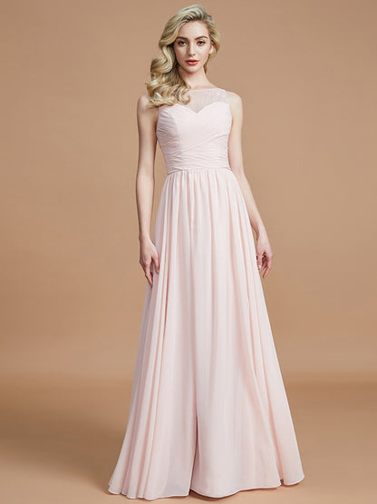 A-Line/Princess Bateau Sleeveless Ruched Floor-Length Chiffon Bridesmaid Dresses