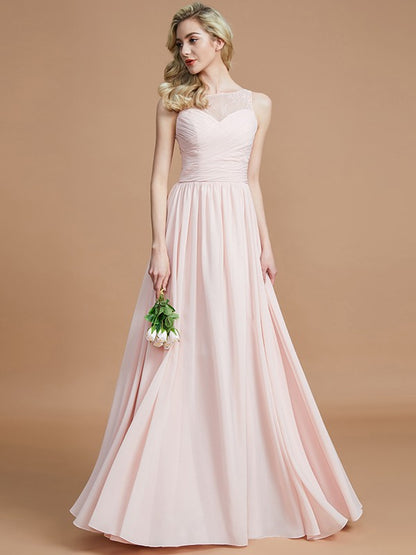 A-Line/Princess Bateau Sleeveless Ruched Floor-Length Chiffon Bridesmaid Dresses