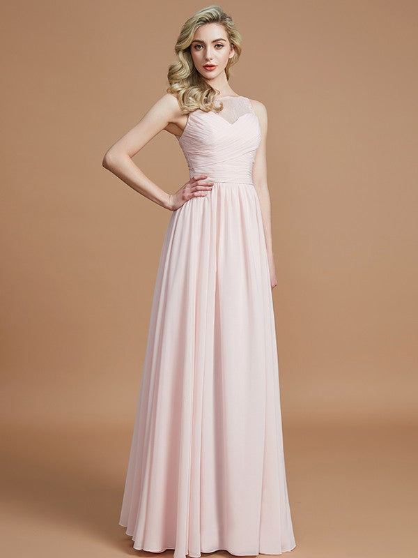 A-Line/Princess Bateau Sleeveless Ruched Floor-Length Chiffon Bridesmaid Dresses