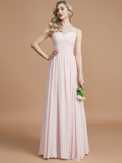 A-Line/Princess Bateau Sleeveless Ruched Floor-Length Chiffon Bridesmaid Dresses